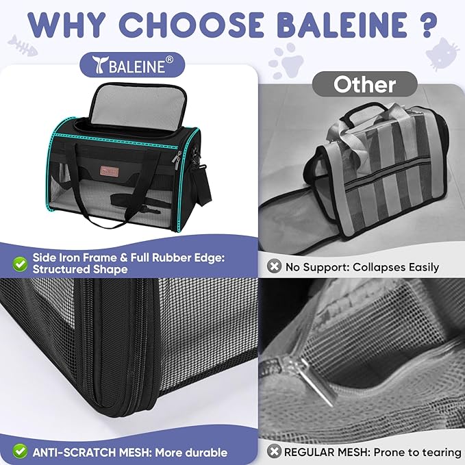 BALEINE Cat Carrier, Puppy Dog Carrier for Small Medium Pets Up to 22 Lbs, Soft-Sided Dog Travel Bag with Safety Zippers, Collapsible Pet Carrying Case (Black, XL, 19"x12"x12")