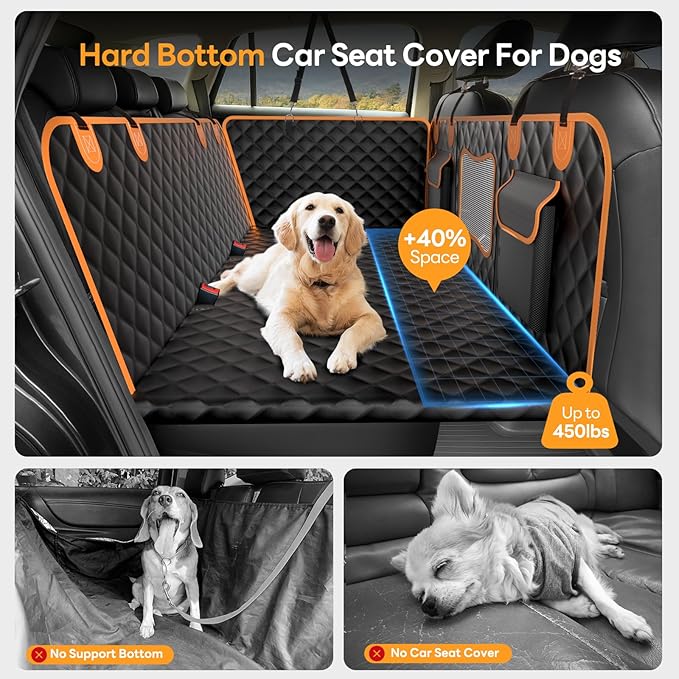 Back Seat Extender for Dogs,Hard Bottom,Waterproof Dog Car Seat Cover for Back Seat Holds 450 lbs - Detachable, Scratch-Proof and Anti-Slip Dog Hammock for Cars, SUVs and Trucks, Bk+ORG