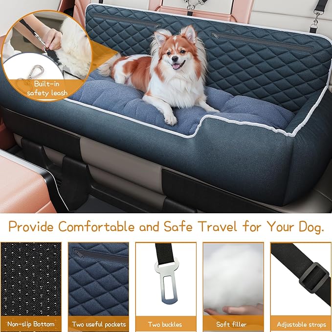 Large Dog Car Seat for SUVs & Trucks, High Back Booster Bench with Safety Tether & Storage Pocket, Washable Thick Cushion Bed for Medium Large Dogs up to 100 lbs