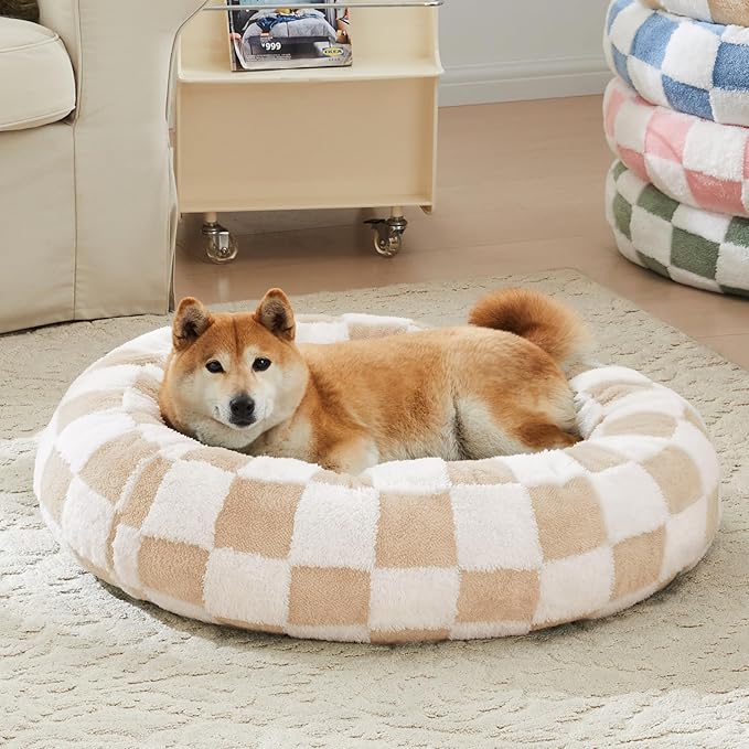Checkered Dog Bed, Cute Beige Khaki Retro Style Aesthetic Round Warming Pet Calming Beds for Small Dog and Cats, Plush Cozy Donut Dog Beds Washable, 30" L x 30" W x 8" Th