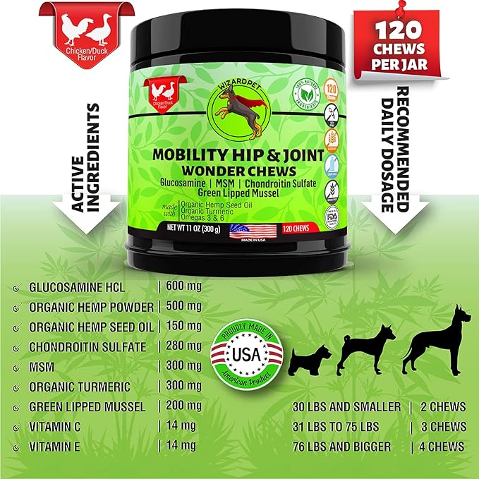Advanced Hemp Hip and Joint Supplement for Dogs Hemp Oil Glucosamine Chondroitin for Dog Omegas Turmeric MSM Green Lipped Mussel Made in USA Treats Support Mobility 120 Chews
