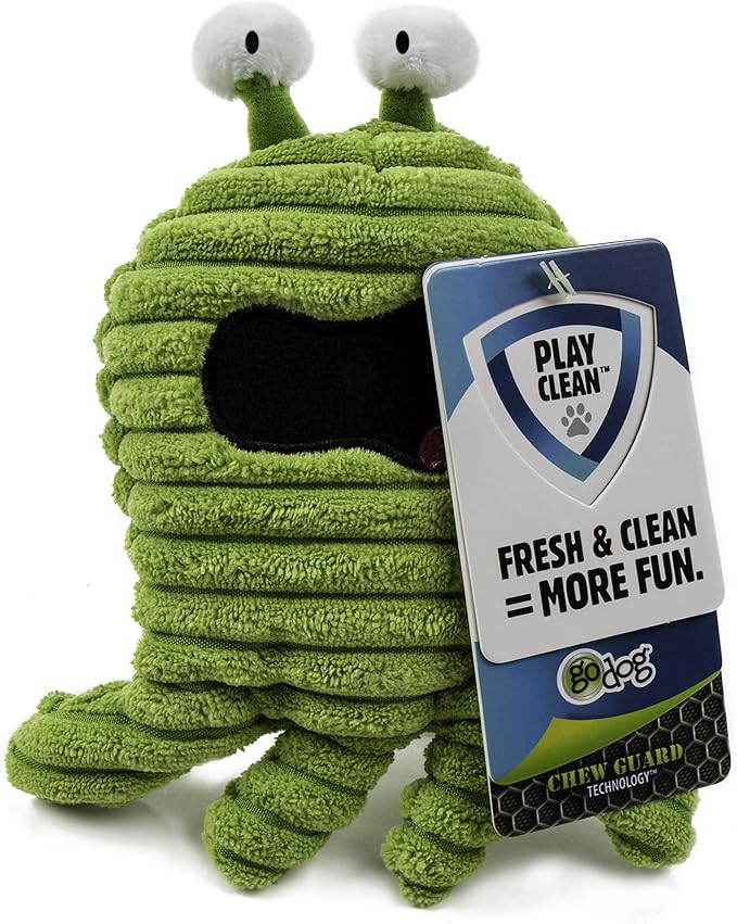 goDog PlayClean Germs Squeaky Plush Dog Toy with Odor-Eliminating Essential Oils, Chew Guard Technology - Green, Large