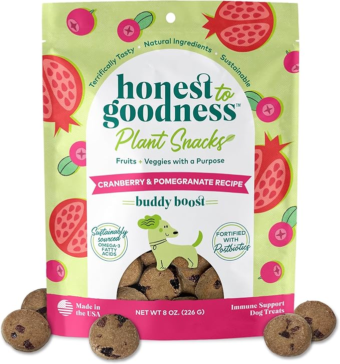 Honest to Goodness Plant Snacks Buddy Boost Cranberry & Pomegranate Recipe Dog Treats, Enriched with Omega 3s & Postbiotics, 8oz
