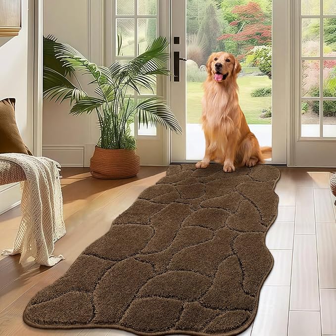 Large Dog Door Mat for Muddy Paws, 22x47 Absorbent Dirt Trapper Long Door Mat, Non-Slip Washable Mud Mat for Dogs, Polyester Microfiber Soft Pet Rug Mat for Entryway, Mud Dog Paws, Patio (Brown)