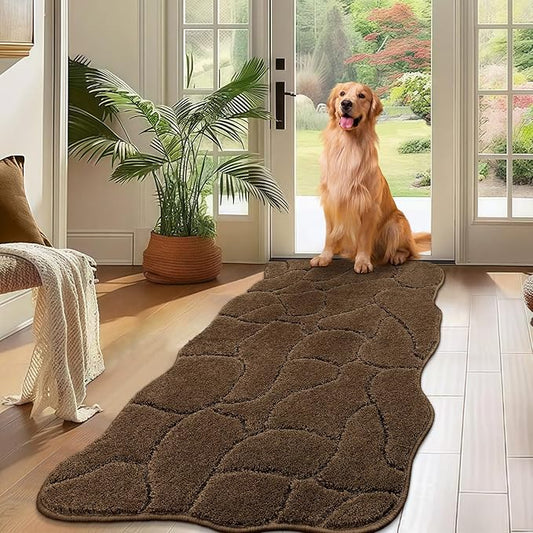Large Dog Door Mat for Muddy Paws, 22x47 Absorbent Dirt Trapper Long Door Mat, Non-Slip Washable Mud Mat for Dogs, Polyester Microfiber Soft Pet Rug Mat for Entryway, Mud Dog Paws, Patio (Brown)