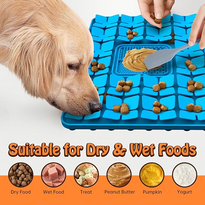 Lick Snuffle Mat for Dogs & Cats with Suction Cups, 2 in 1 Silicone Pet Food Mats Interactive Slow Feeder Licking Toy for Anxiety Relief, Upgraded Lick Mats for All Breeds (Blue, 16.7in x 11.4in)