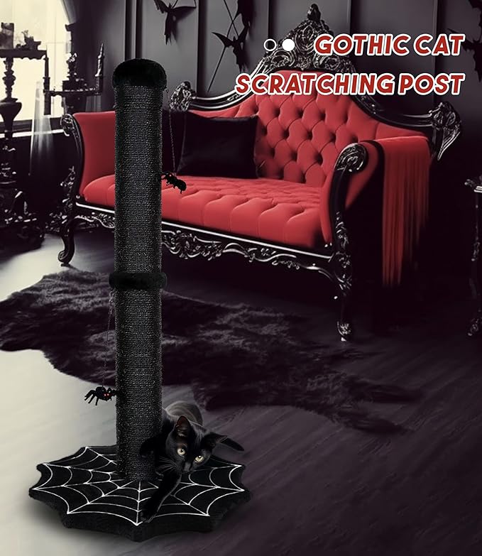 Gothic Cat Scratching Post with Spider Dangling Toys for Indoor Cats, Halloween Spooky Cat Scratcher,Activity Cat Play Center Goth Cat Tree Tower Furniture with Cobweb Base,Black