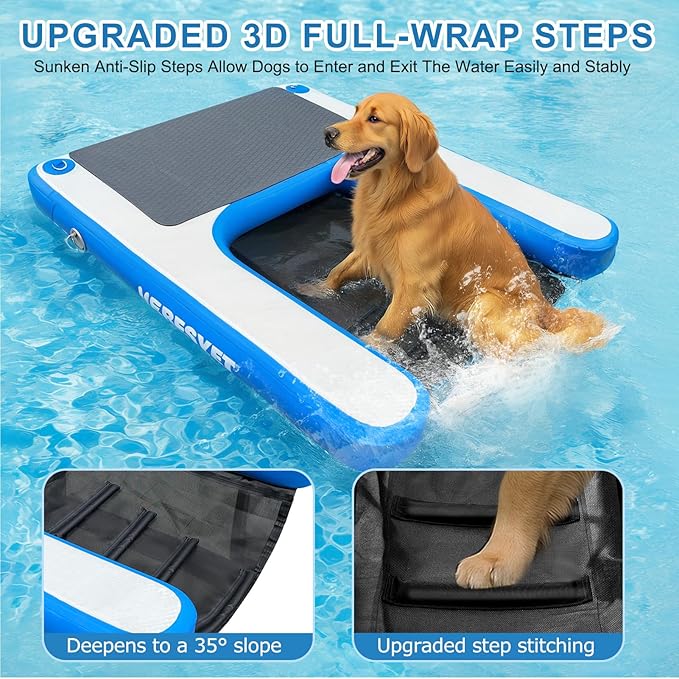 Inflatable Dog Water Ramp, 5FT Dog Floats Ramp Ladder for Pools, Boats, Docks, Sea and Lake, Non-Slip EVA Pool Ladder Platform for Pets Up to 220LBS