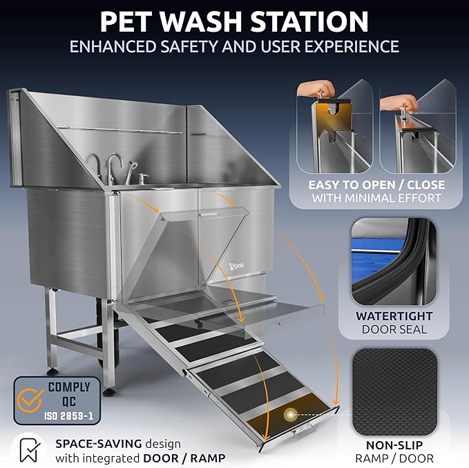 KANIS Professional Dog Washing Station - 304 Stainless Steel Pet Wash Sink & Grooming Bath Tub for Home with Ramp, Shower, Floor Grate, Storage Drawer, Faucet, Drain Kit for Large, Medium & Small Pets