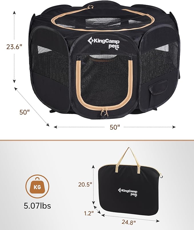 KingCamp Dog Playpen, Portable Foldable Cat Kitten Puppy Tent Crates 29"/36"/50" Pop Up Pet Playpen with Zippered Bottom & Cover for Indoor Outdoor Use (X-Large, Jet Black)