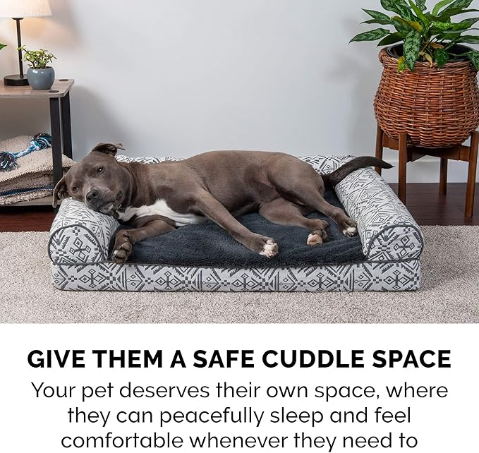 Furhaven Orthopedic Dog Bed for Large Dogs w/ Removable Bolsters & Washable Cover, For Dogs Up to 95 lbs - Plush & Southwest Kilim Woven Decor Sofa - Boulder Gray, Jumbo/XL