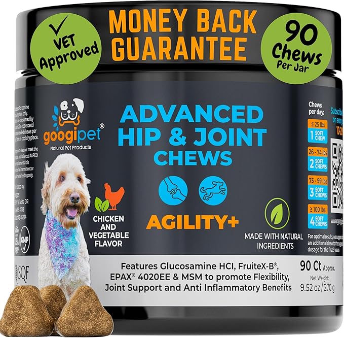 Googipet Hip and Joint Supplement for Dogs - Glucosamine for Dogs – Soft Chews w/Green Lipped Mussels, Turmeric, & Collagen for Arthritis & Mobility for All Ages & Breeds