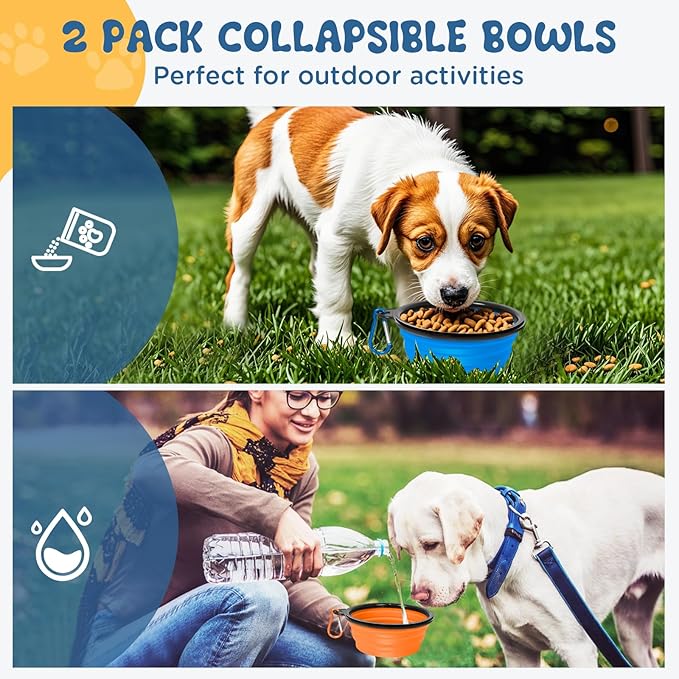 Collapsible Dog Bowls Medium, 2 Pack 22oz Portable Travel Dog Bowls, Foldable Water Bowl for Dogs Cats, Pet Feeding Watering Dish with Carabiner, Food Grade Silicone BPA Free(Blue+Orange, M)