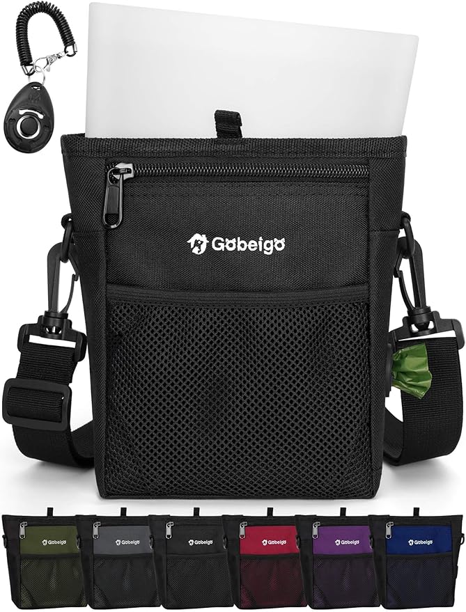 Gobeigo Dog Treat Pouch with Silicone Liner, 【4 Cup】【3 Ways to Wear 】 Treat Bag with Training Clicker, Front Pocket fits All Phones, Upgrade Stronger Magnetic Closure Walking Fanny Pack (Black)