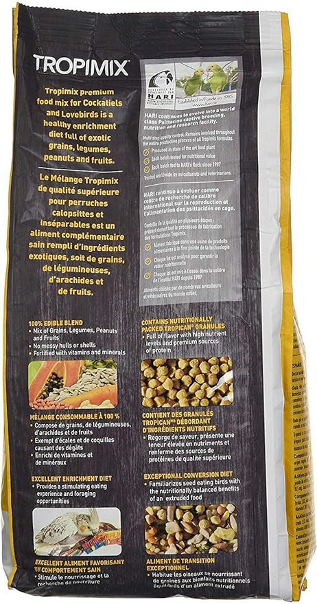 Hagen Tropimix Enrichment Food for Cockatiels & Lovebirds, 2 lb. - HARI Parrot Food with Seeds, Fruit, Nuts, Vegetables, Grains, and Legumes