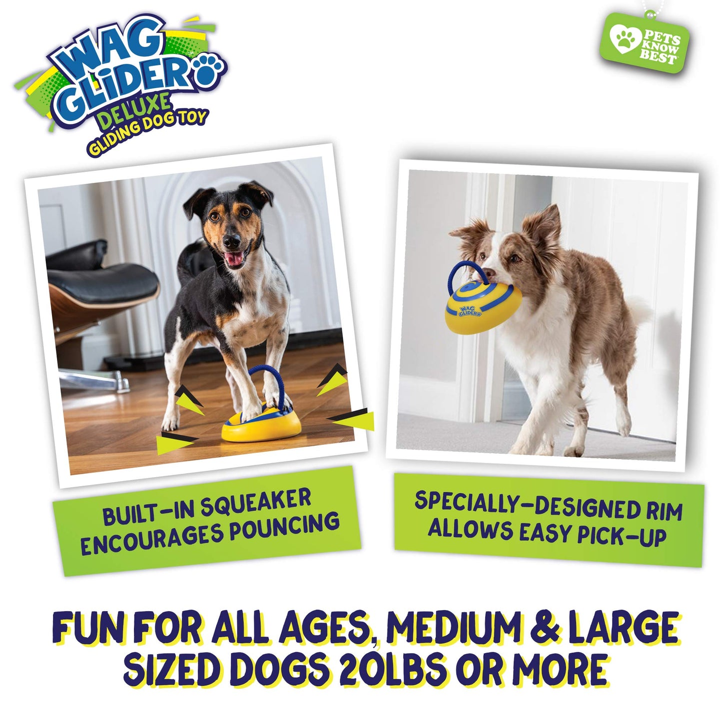 Wag Glider Deluxe–The Sliding Gliding Dog Toy That Keeps Your Dog Happy, Healthy & Safe! Comes with a Built in Squeaker & Rope Attached. Safe for Indoor Play, Great for Medium & Large Dogs of All Ages