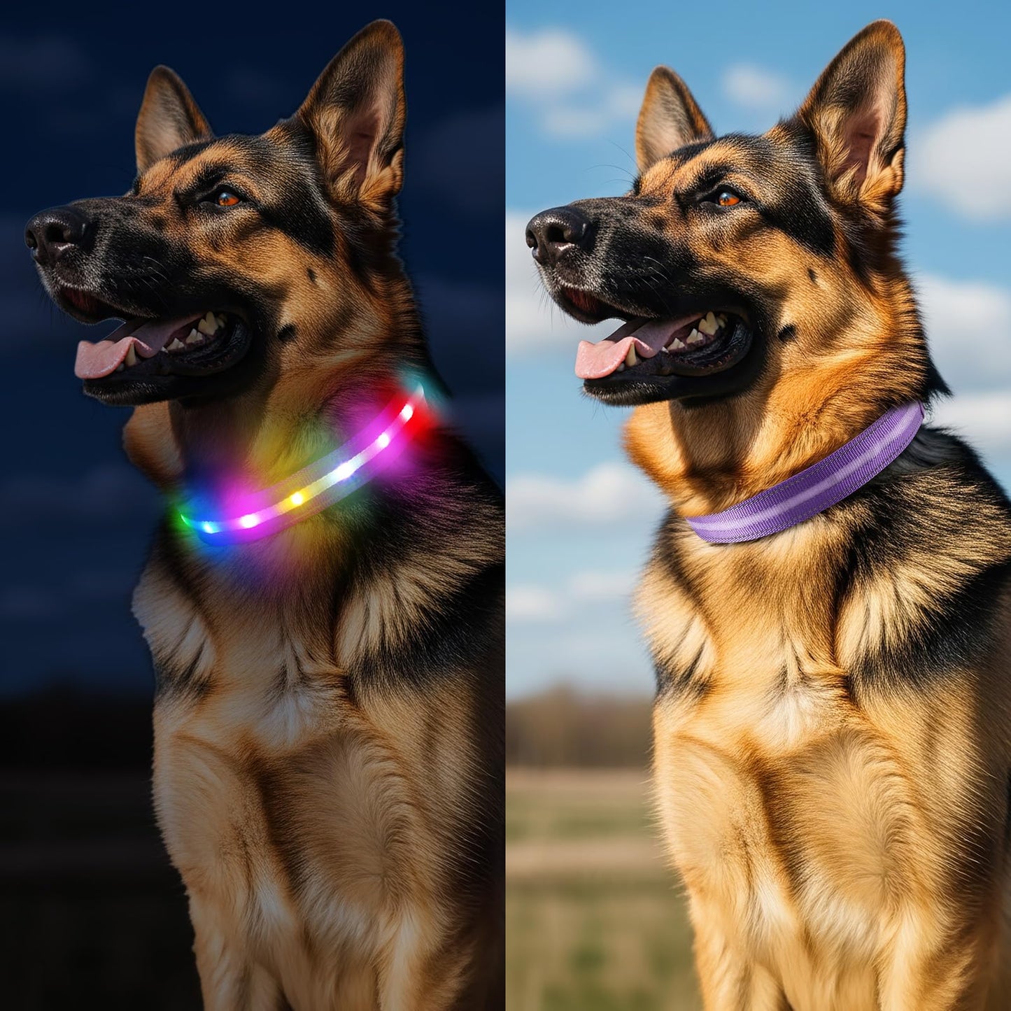 Fiveda Light Up Dog Collar, USB Rechargeable 6 Modes, Waterproof Charging Port, Long Lasting LED Collar - Adjustable Nylon Reflective for Dogs, Sizes S/M/L (7/9/11 Lights) -Purple, M