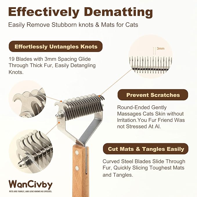 2-in-1Dematting & Deshedding Comb Undercoat Rake for Cats& Dogs，Detangling Matted Fur & Hair Remover Tool Pet Grooming Rake for Shedding and Dematting，Ergonomic beech wood handle (2 in 1)
