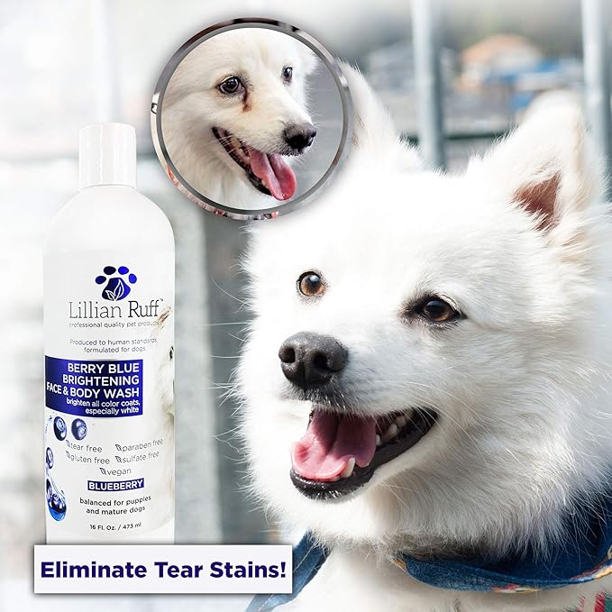 Lillian Ruff PRO Formula Berry Blue Brightening Pet Shampoo - Ultra-Hydrating Professional Whitening Dog Shampoo, Vivid Show-Quality Coat Enhancer, Tear Stain & Odor Eliminator With ProVitamin B5 16oz
