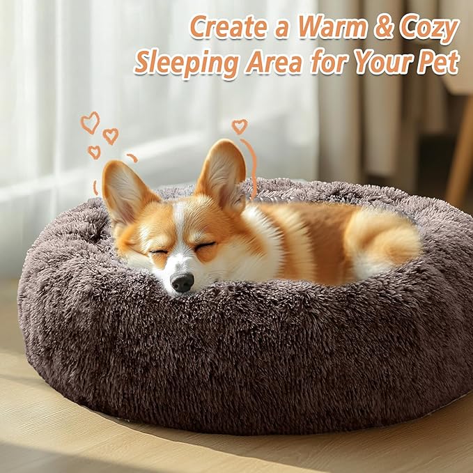 JOLLYVOGUE Calming Dog & Cat Bed for Large Dogs, Anti-Anxiety Donut Cuddler Cozy Soft Round Bed with Anti-Slip Bottom, Fluffy Faux Fur Plush Cushion Beds for Medium Dogs (36")