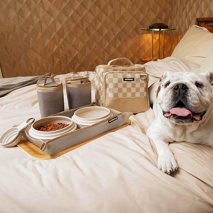 Large 7-Piece Bistro Box Dog Food Travel Kit, 12-Cup Kibble Storage, 2 Silicone Bowls, Mat & Scoop - Premium Portable Pet Food Kit for Weekends, Overnights, Daycare & Camping, Checkerboard