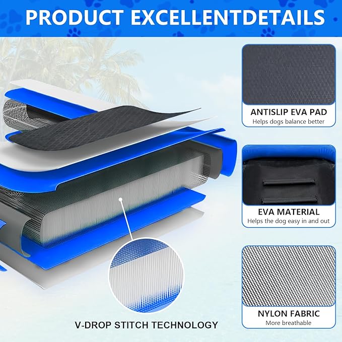 Inflatable Dog Boat Ramp, Non-Slip EVA Dog Float Floating Ramp Ladder for Pools Boats Docks, Safe & Easy Water Access for Large Dogs, Blue