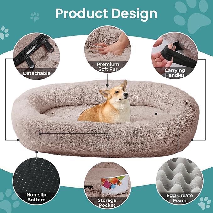 JOLLYVOGUE Human Dog Bed for Adults and Pets, Ultra-Soft Plush Giant Dog Bed with Egg Crate Foam, Non-Slip Base, and Machine Washable Cover - Ideal for Relaxation and Napping, Brown