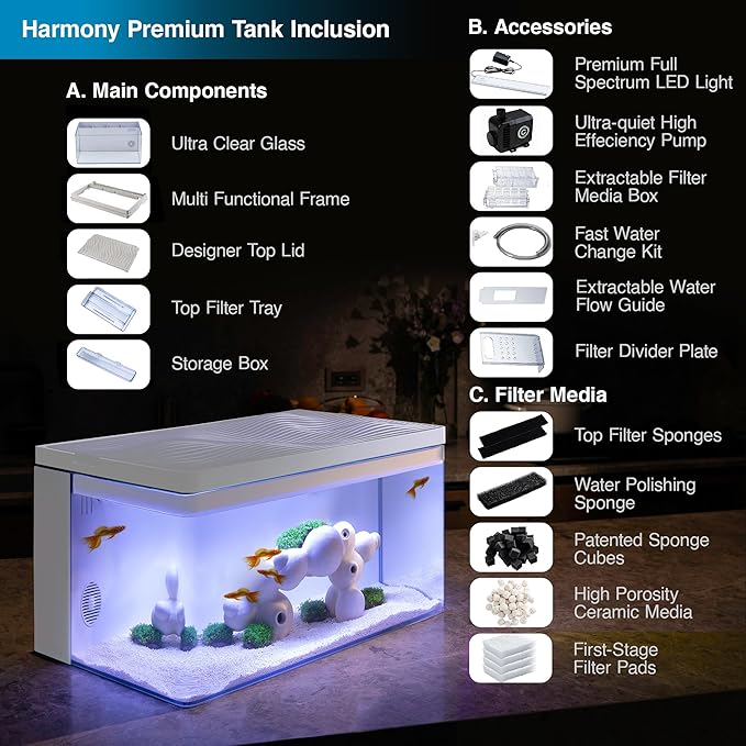 Harmony Aquatic Tank by Clairnara - Harmony Legend - iF Design Award Winning 10 Gallon All-in-One Aquarium (White Tank with Cedar Grain top, Harmony Legend)