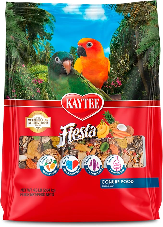 Kaytee Fiesta Conure Food, Nutritious and Fun Blend, Supports Skin, Feather, Digestion, Brain and Heart Health, 4.5 pounds