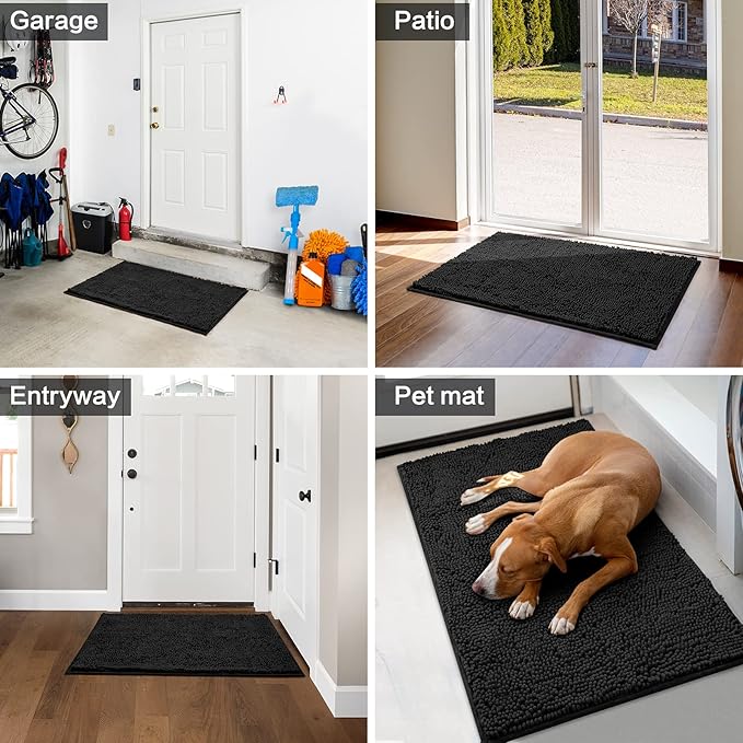 HOMEIDEAS Doormat Indoor Entrance, 60"x36", Highly Absorbent Chenille Large Muddy Dog Washable Non Slip Front Welcome Door Mat for Entryway, Black