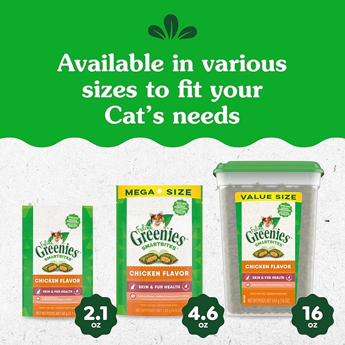 Greenies Feline Smartbites Skin & Fur Crunchy and Soft Cat Treats, Chicken Flavor, 4.6 oz. Pack