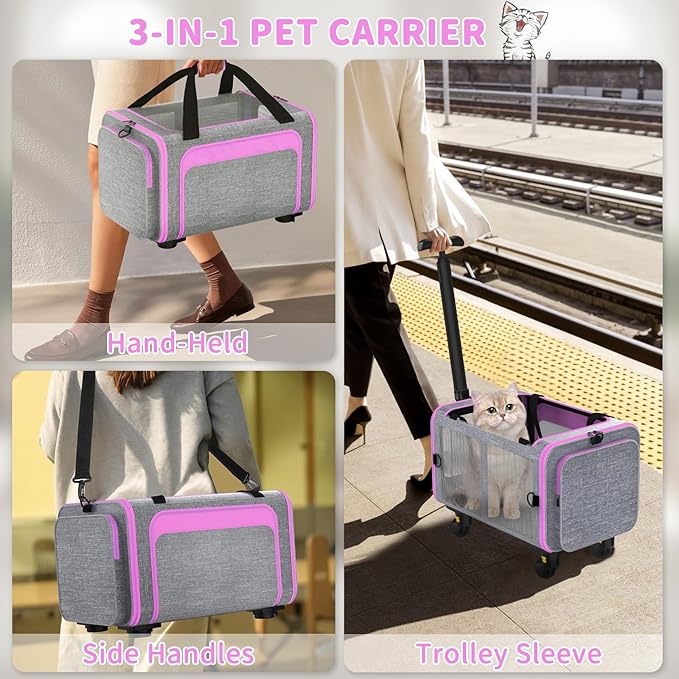 3-in-1 Upgraded Pet Carrier with Wheels, 18" x 11" x 11" TSA Airline Approved, Cat Carrier on Wheels for Small Cats Up to 15Lbs, Rolling Pet Carrier, Cat Soft-Sided Bag for Flying, Travel & Vet