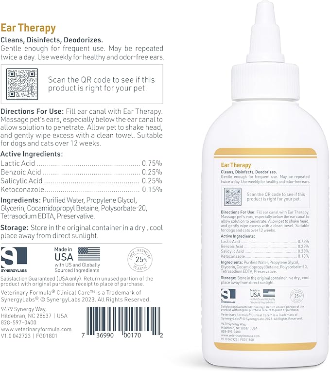 Veterinary Formula Clinical Care Ear Therapy, 4 oz. – Cat and Dog Ear Cleaner to Help Soothe Itchiness and Cleans The Ear Canal from Debris and Buildup That May Cause Infection