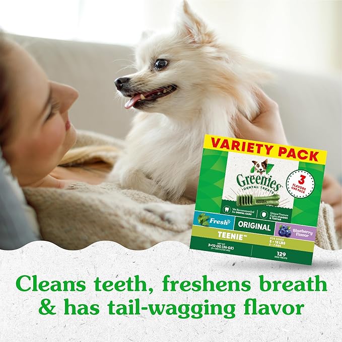 Greenies Teenie Dental Dog Treats 3-Flavor Variety Pack, (3) 12 oz. Pouches, 129 Total Treats
