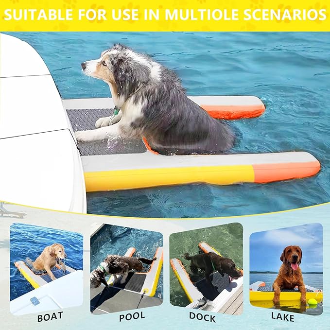 Inflatable Dog Water Ramp, Non-Slip Floating Dock Ladder for Pools, Boats & Lakes, Pool Ramp for Dogs Up to 200 Pounds, Orange Yellow