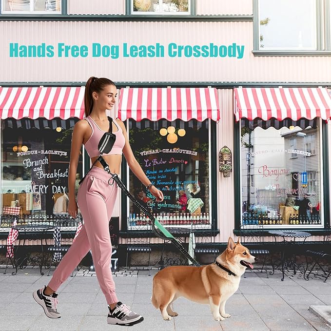 Hands Free Dual Dog Leash with Pouch for Medium & Large Dogs - Crossbody & Waist Leash for Dog Walking - Bungee with Padded Handles, Reflective Stitches, No Pull, Tangle Free