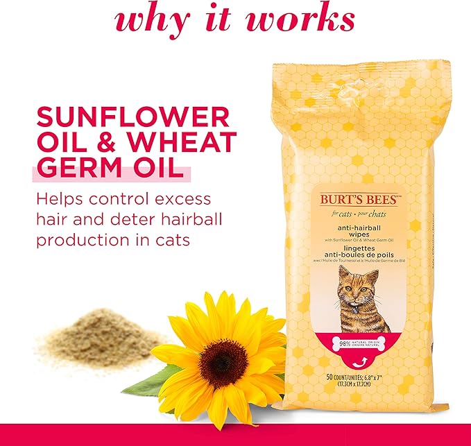Burt's Bees for Pets Anti-Hairball Wipes for Cats with Sunflower Oil and Wheat Germ Oil, 98% Natural Origin Formulas, Cat Hairball Remedy, Cat Wipes for Hairballs, Cat Hairball Wipes, 50ct