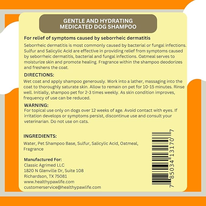 Antiparasitic & Antiseborrheic Dog Shampoo - Sulfur, Salicylic Acid and Oatmeal - Dry, Itchy, Hot Spot, Dermatitis (1 Gal)