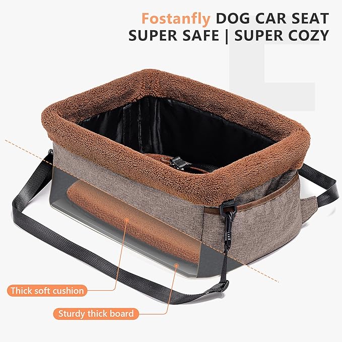 Fostanfly Dog Car Seat for Small Dogs, Upgraded Pet Booster Seat with Metal Frame, Doggy Pet Carseat with Washable Thick Cushion Safety Leash and Storage Pockets
