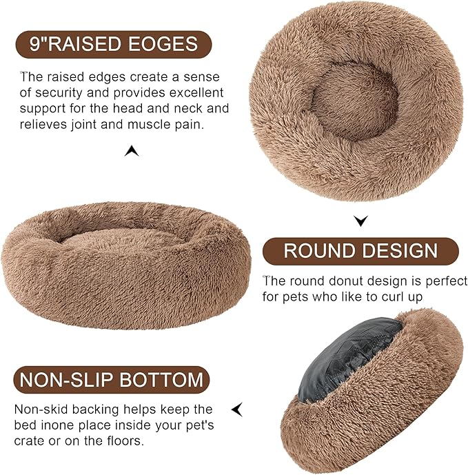Dog Calming Beds for Small Medium Large Dogs - Round Donut Washable Dog Bed, Anti-Slip Faux Fur Fluffy Donut Cuddler Anxiety Cat Bed(24" Khaki