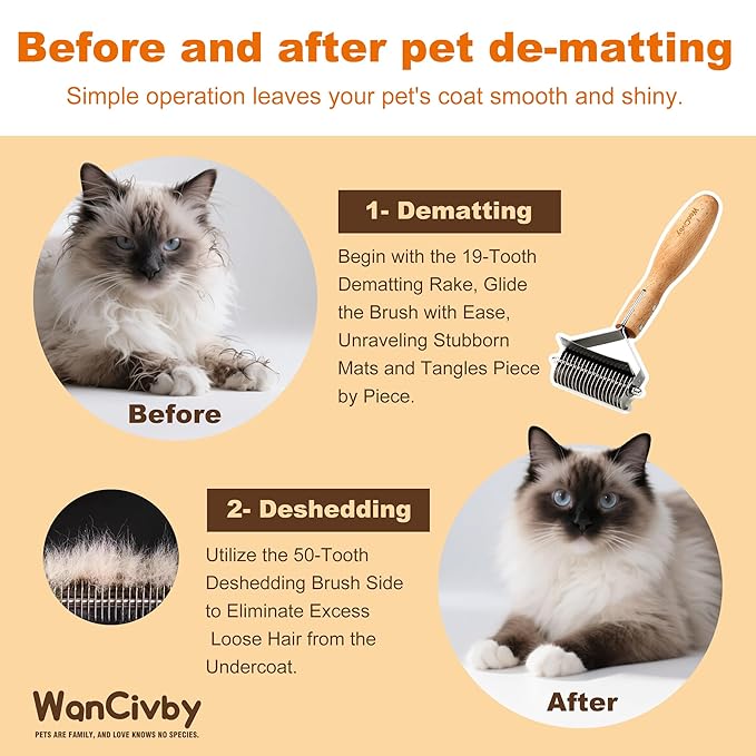 3-in-1Dematting & Deshedding Comb Undercoat Rake for Cats& Dogs，Detangling Matted Fur & Hair Remover Tool Pet Grooming Rake for Shedding and Dematting，Ergonomic beech wood handle (Round Handle)