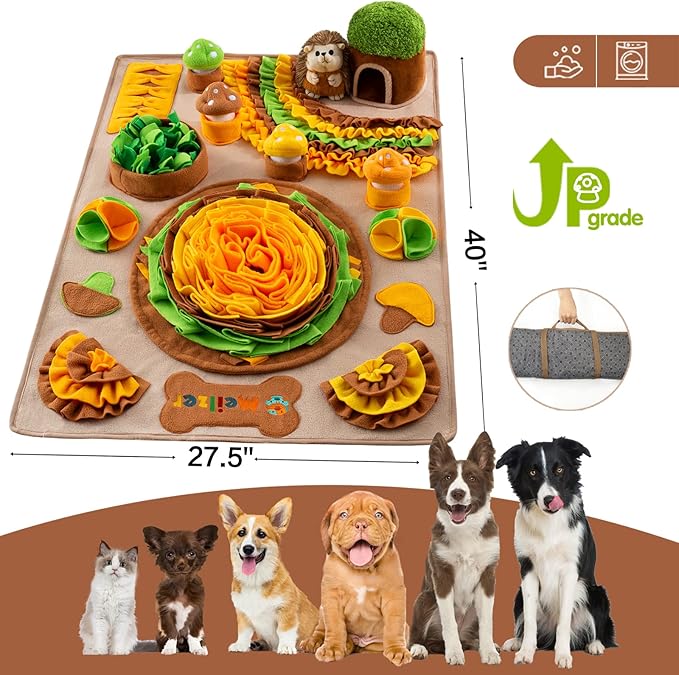 Large Snuffle Mat for Dogs 40'' x 27.5'' Sniff Mat with Hedgehog Puzzle Toy Squeaky Mushrooms Interactive Toys Portable Feeding Mat for Foraging Skills