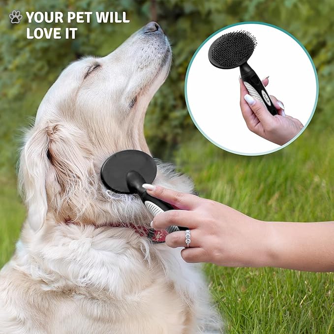 Round Bristle Pet Brush for Dogs and Cats - Soft Dog Brush for Grooming Short or Long Hair - Gentle Tool for Sensitive Skin Removes Dander, Dirt, and Detangles (Black)