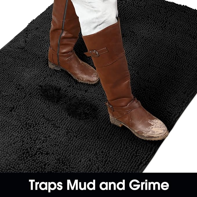 HOMEIDEAS Doormat Indoor Entrance, 48"x30", Highly Absorbent Chenille Large Muddy Dog Washable Non Slip Front Welcome Door Mat for Entryway, Black