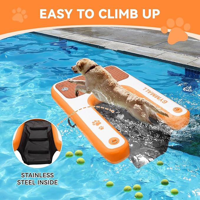 Inflatable Dog Water Ramp Pet Dock Platform Orange, Pet Water Platform for Boat Pool Lake Sea, Non-Slip Safety Floating Dock for Dogs up to 200lbs, EVA Puppy Float Ramp Dog Water Ladder