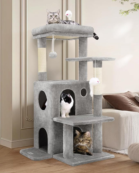 Globlazer Cat Tree Tower for Indoor Cats, 50-inch Adult Cat Tree House for Large Adult Cats with Steps, Scratching Post, 2 Cat Caves, Dangling Toys, FC50, Light Grey