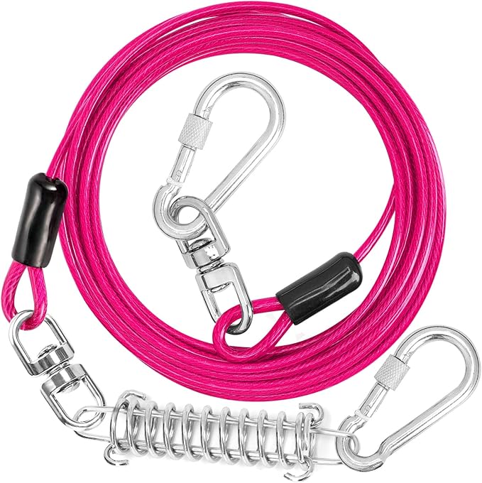 jenico Dog Tie Out Cable, 10/15/20/30/40/50/70/100/150FT Dog Runner Cable with Swivel Hook and Shock Spring, Dog Leash Run Tether for Yard Outdoor and Camping,for Small to Medium Pets Up to 500 LBS