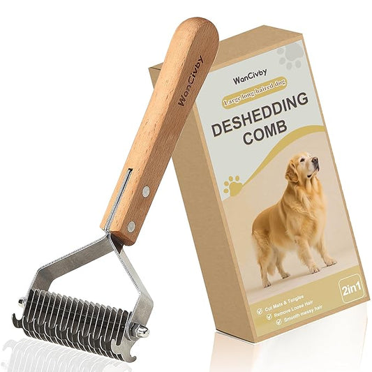 2-in-1Dematting & Deshedding Comb Undercoat Rake for Cats& Dogs，Detangling Matted Fur & Hair Remover Tool Pet Grooming Rake for Shedding and Dematting，Ergonomic beech wood handle (2 in 1)