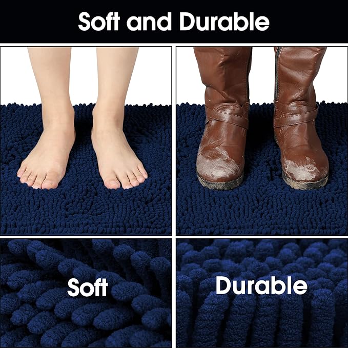 HOMEIDEAS Doormat Indoor Entrance, 32"x20", Highly Absorbent Chenille Muddy Dog Washable Non Slip Front Welcome Door Floor Mat for Entryway, Navy Blue
