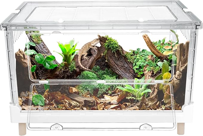 Large Clear Foldable Reptile Habitat Cage - Easy Assembly, Front Opening, Escape Proof Lock, for Hamster, Lizard, Hedgehog, Small Animals (27.5" L x 17" W x 15.5" H)
